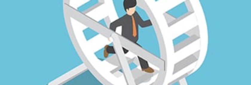 Isometric businessman in a suit running in a hamster wheel