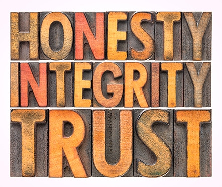 honesty, integrity, trust word abstract in wood type